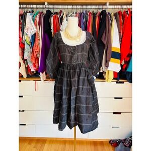 Vtg 60s DeTrano Original MCM Prairie Dress Small Black Windowpane Puff Sleeve